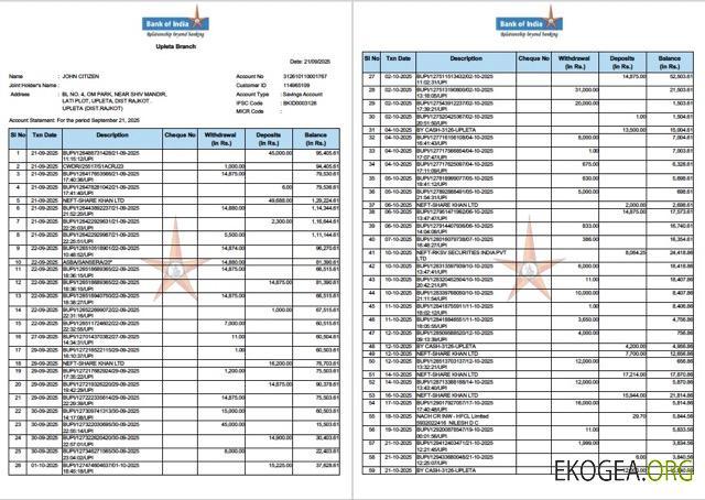 Modèle Word et PDF de relevé de compte India Bank of India, 2 pages